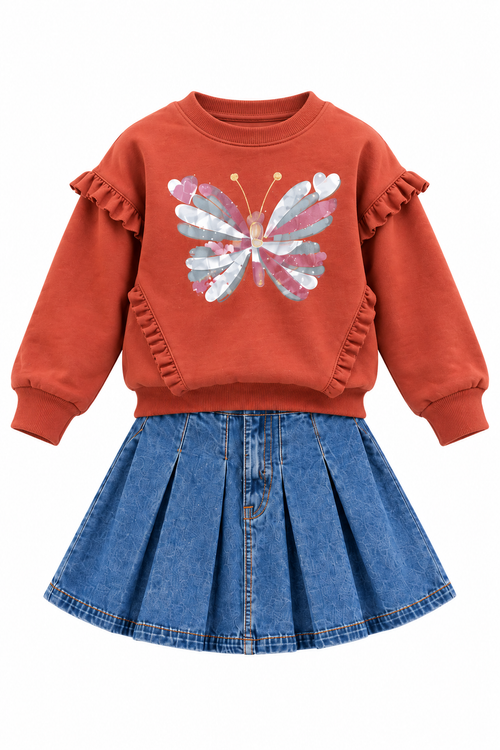 Girls’ Butterfly Sweatshirt & Denim Skirt Set – Baby Shark